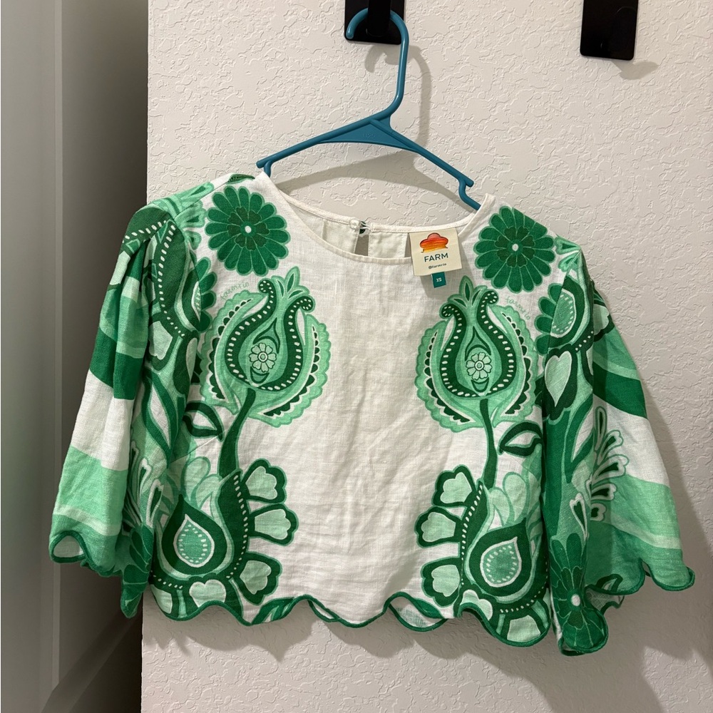 FARM Rio Green and White Floral Top